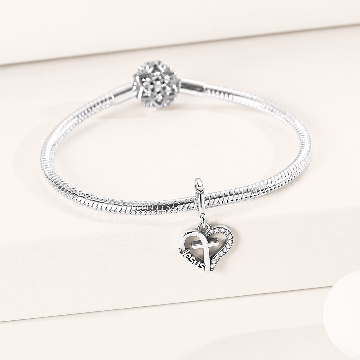 925 sterling silver Jesus Heart dangle charm with cross and clear cubic zirconia | Asttery