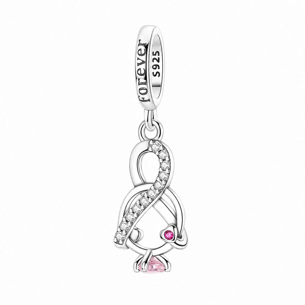 925 sterling silver infinity knot dangle charm with clear and pink zirconia | Asttery