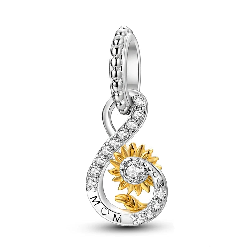 polished silver charm with sunflower detail, clear zirconia and Mom engraving | Asttery