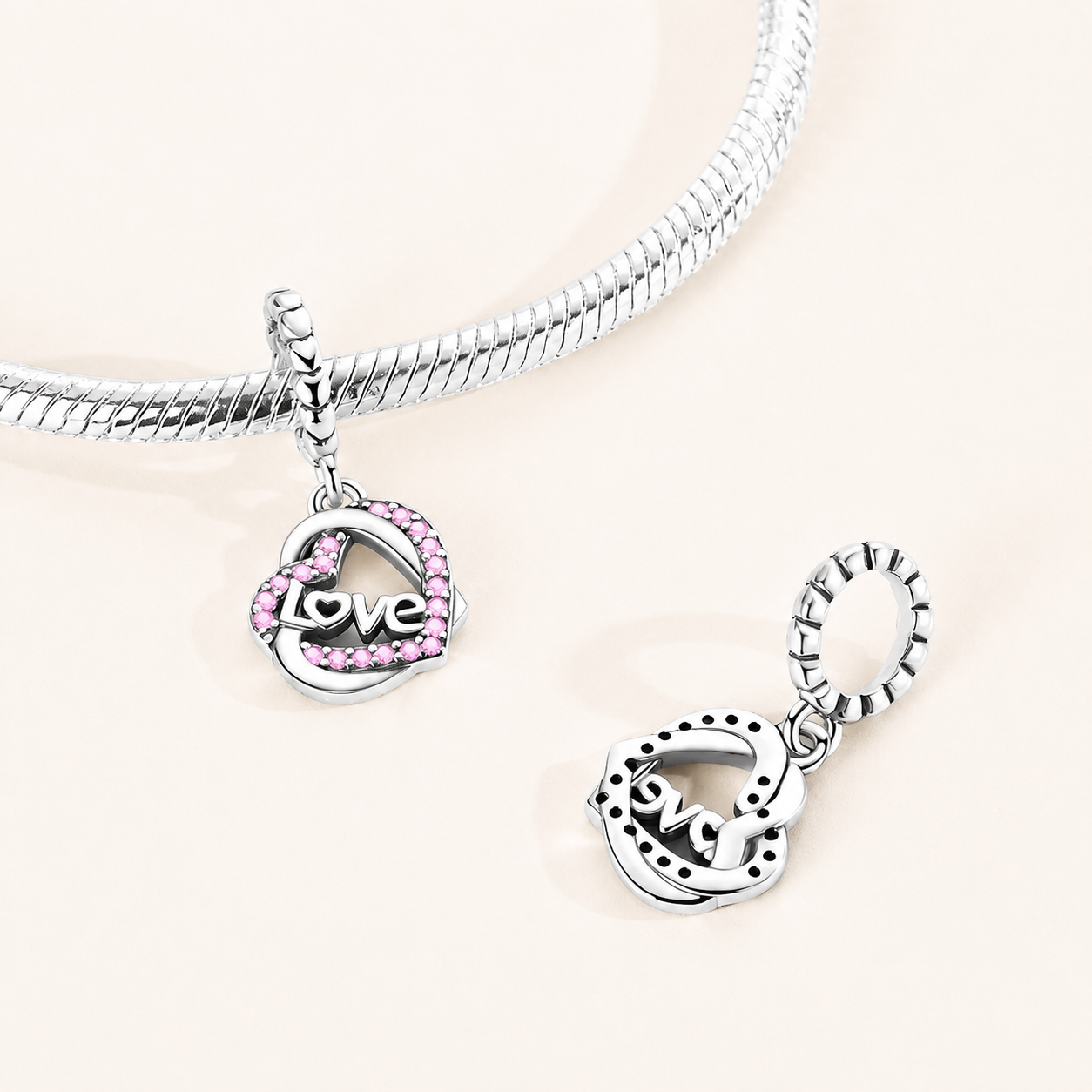 925 sterling silver love heart dangle charm with pink zirconia | Asttery