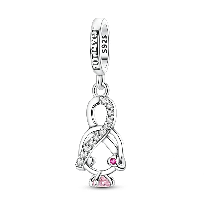 925 sterling silver infinity knot dangle charm with clear and pink zirconia | Asttery