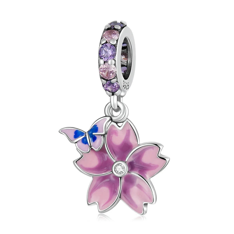 Alurelle pink flower charm with blue butterfly and crystal hoop in sterling silver| Asttery