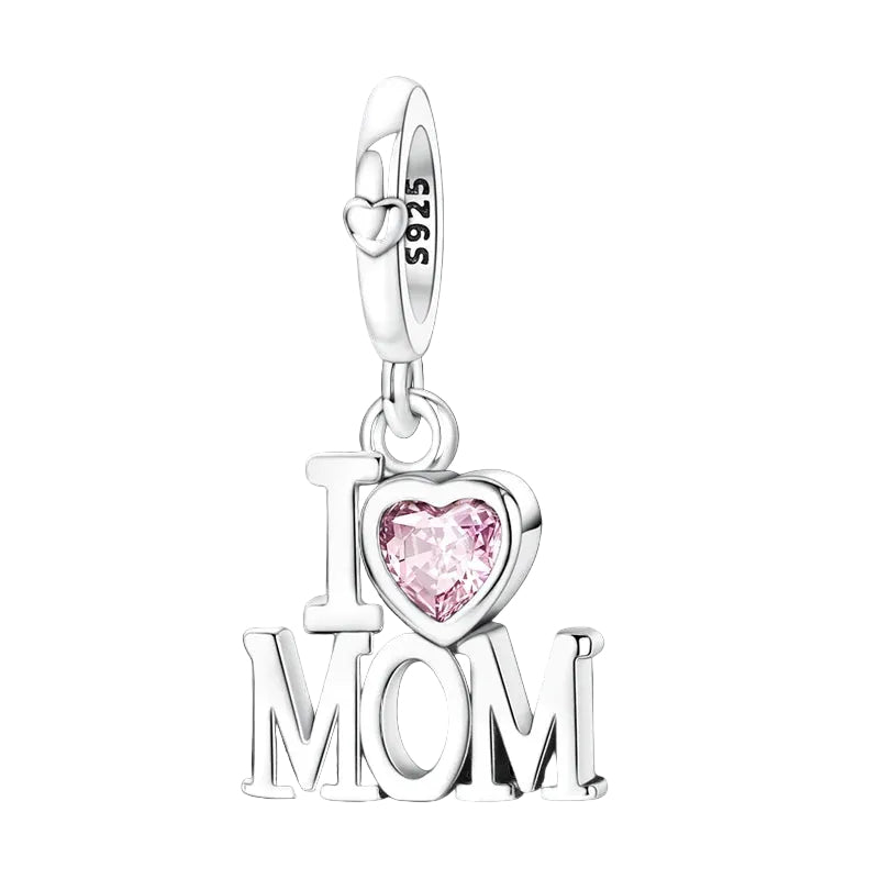 925 silver I love Mom dangle charm with pink heart zirconia | Asttery