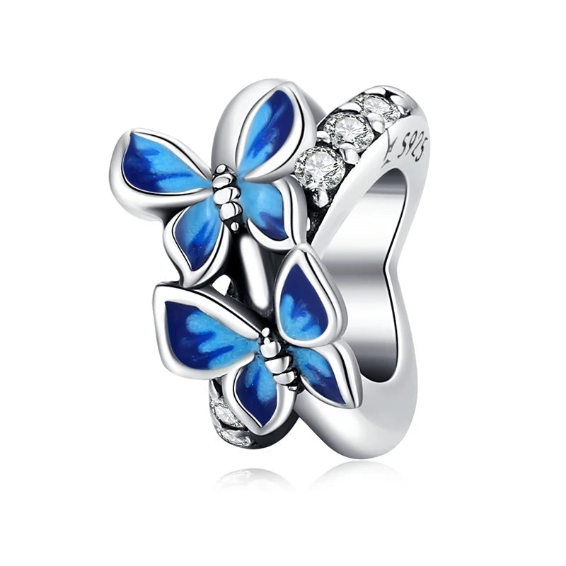 Azurielis spacer charm with blue butterflies in 925 sterling silver and sparkling zirconia accents | Asttery