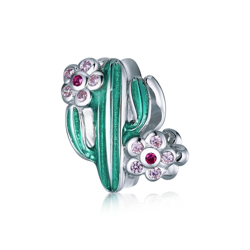 Sierra cactus charm in 925 sterling silver with green enamel and pink crystal flowers | Asttery