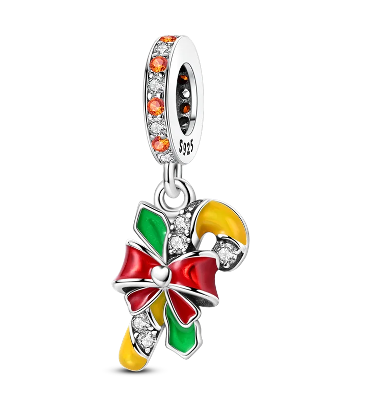 925 sterling silver Candy Wreath dangle charm with colorful enamel candy cane and festive bow | Asttery