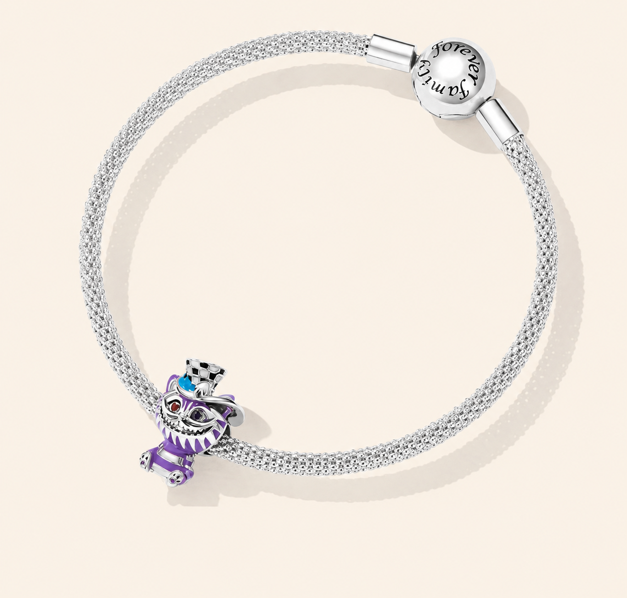 Striped cat charm bead shown on a silver bracelet | Mavrek by Asttery