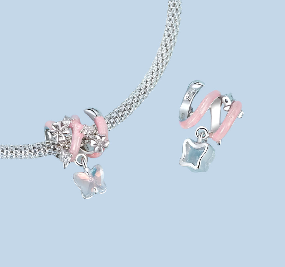 Feminine charm Elvien in sterling silver with hand-enamelled flowers and butterfly | Asttery