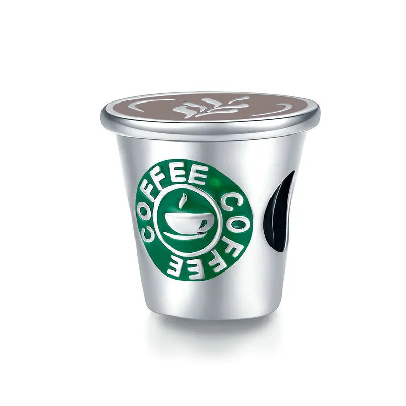 Coffee cup charm in 925 sterling silver with green and brown enamel | Asttery