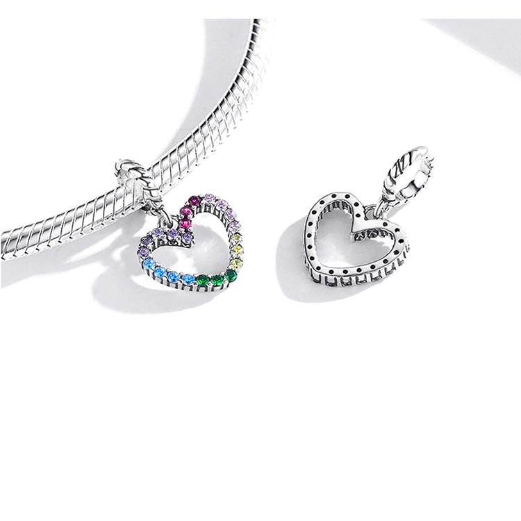 Dangle silver heart charm with rainbow stones, vibrant and polished | Asttery