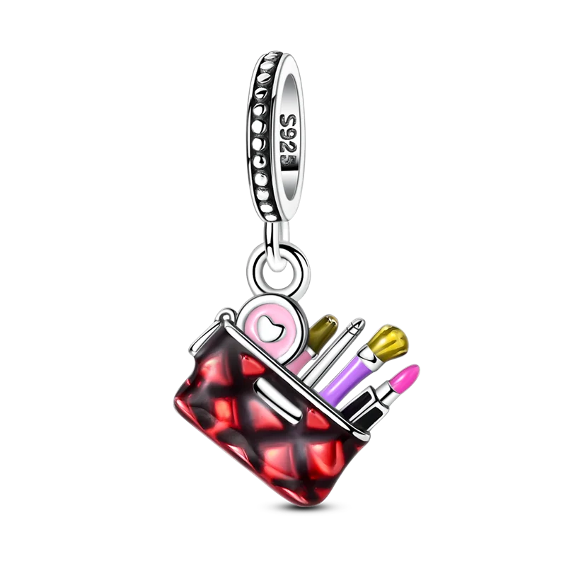 925 sterling silver makeup bag dangle charm with red enamel and beauty tools | Cosmette by Asttery