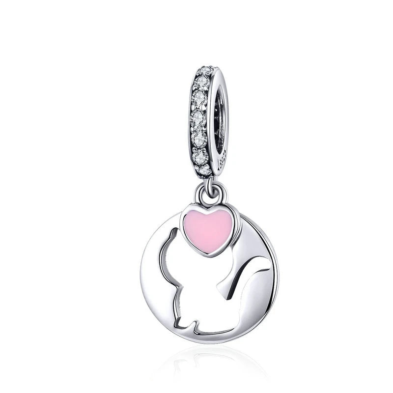 Livvi charm in 925 sterling silver with cat silhouette and pink heart | Asttery