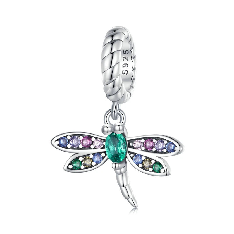 925 sterling silver dragonfly dangle charm with lilac, pink, and green zirconia wings | Draelin by Asttery