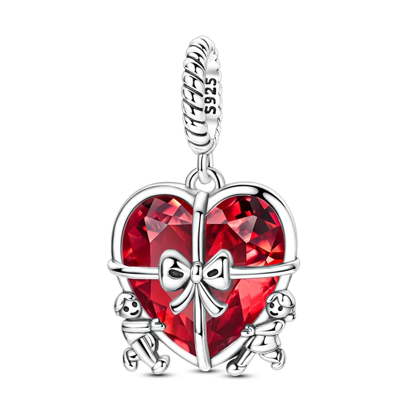 925sterling silver heart dangle charm with red glass heart, boy and girl figures embracing the sides Duorin by Asttery