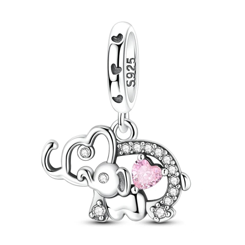 Sterling silver elephant dangle charm with pink heart zirconia detail | Asttery