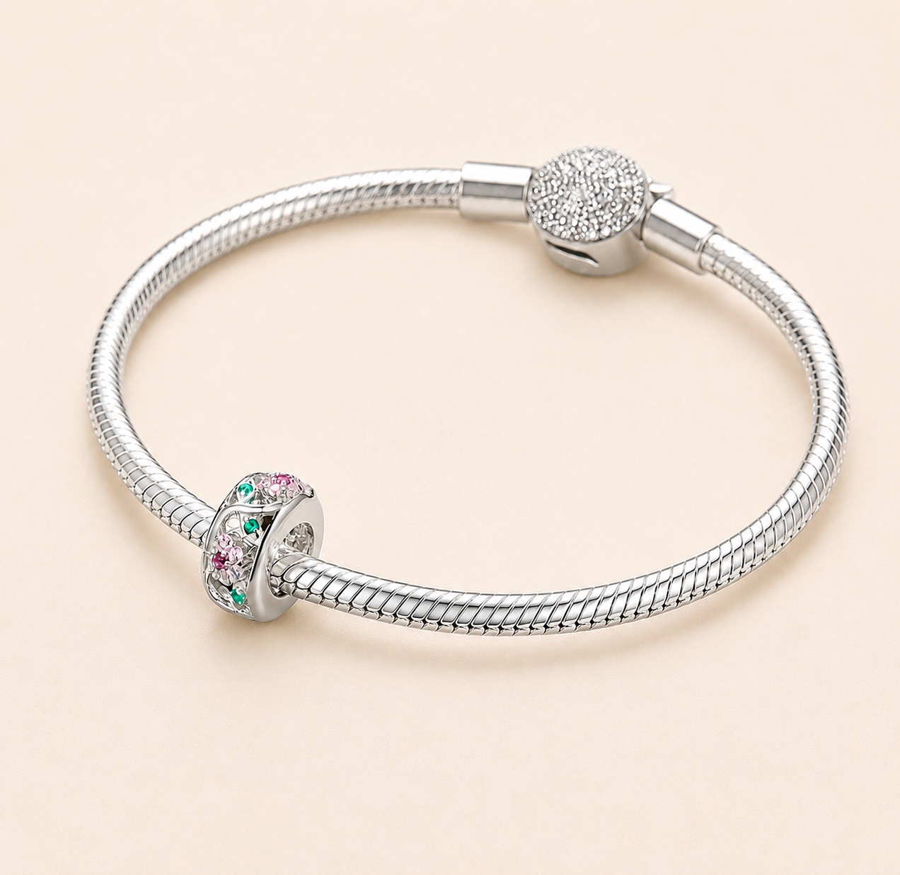 Flower-themed silver spacer charm with cubic zirconia accents | Asttery