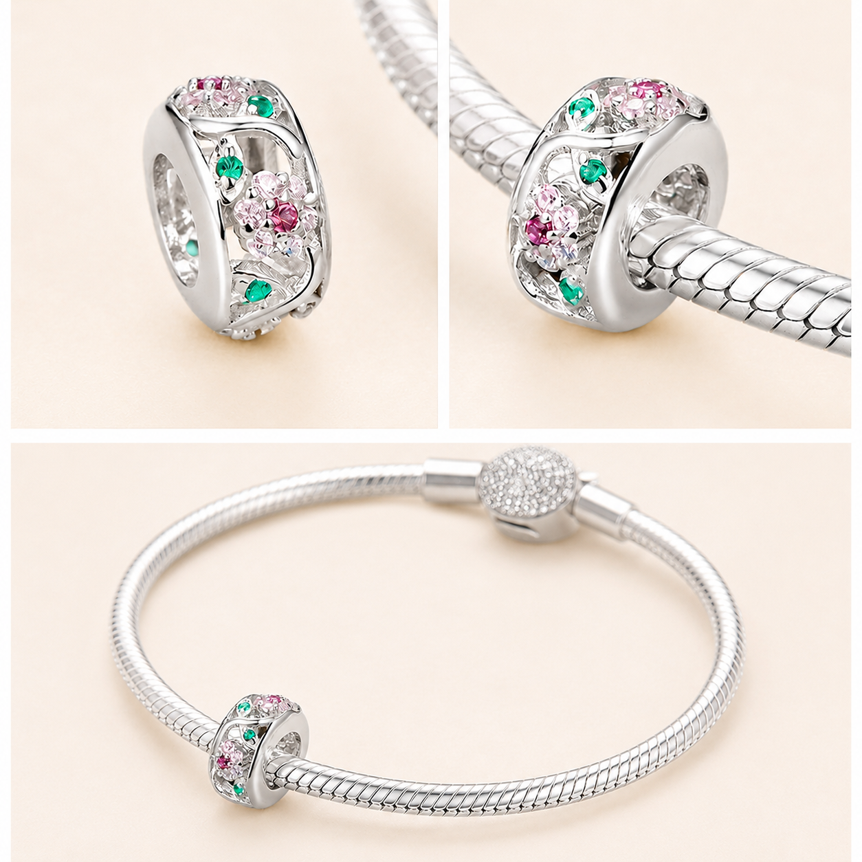 925 sterling silver floral spacer charm bead adorned with pink and green cubic zirconia | Asttery