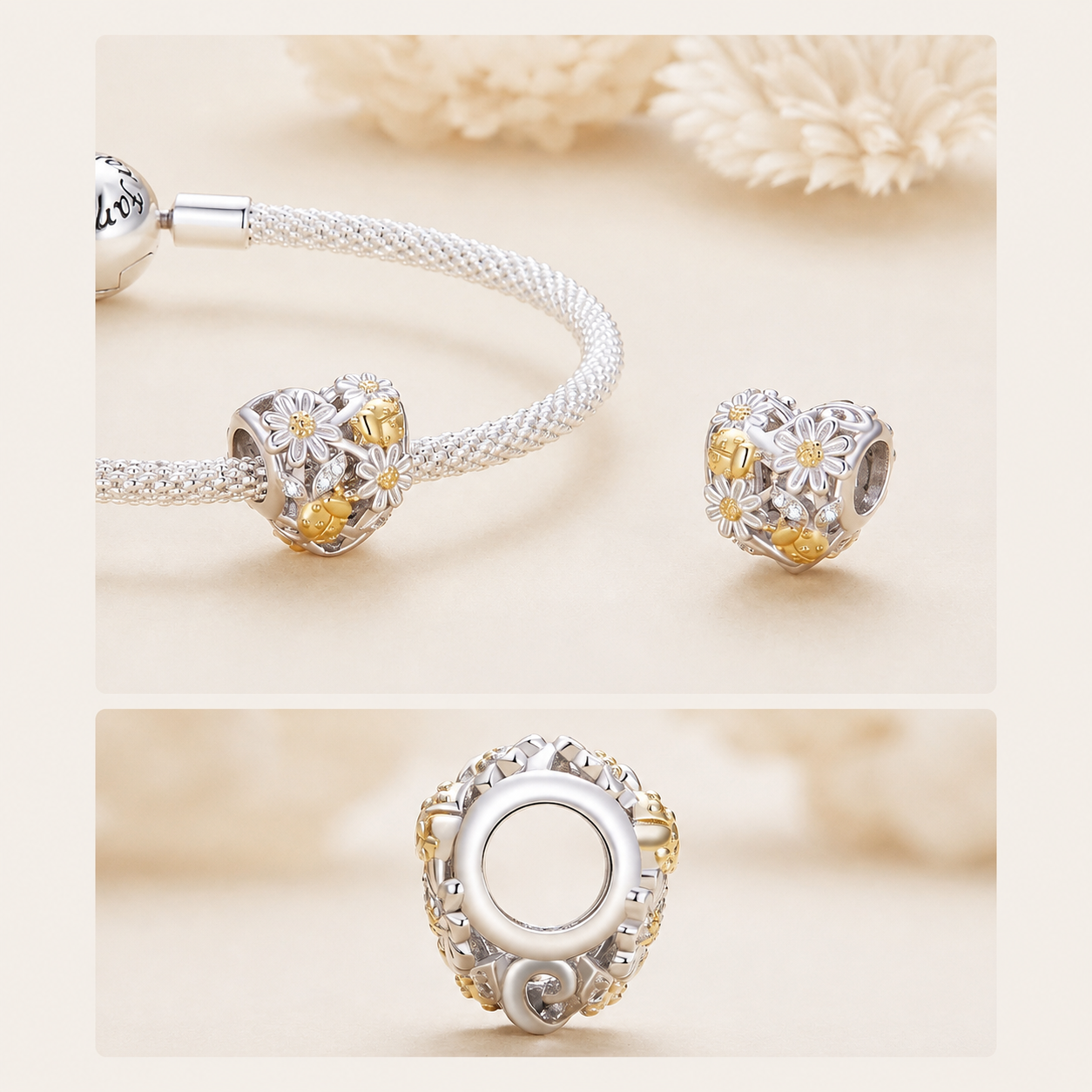 925 sterling silver heart charm bead with daisies and gold-plated ladybird set with cubic zirconia | Flokiri by Asttery