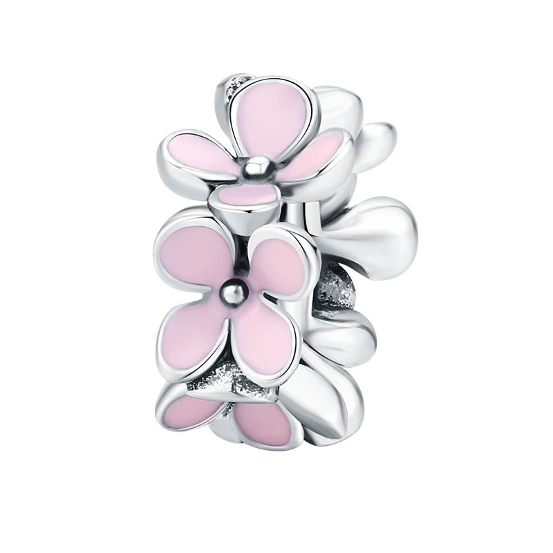 Arven spacer charm in 925 sterling silver with pink enamel flowers | Asttery