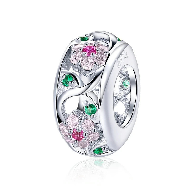 Fiora spacer charm in 925 sterling silver with pink and green stones | Asttery