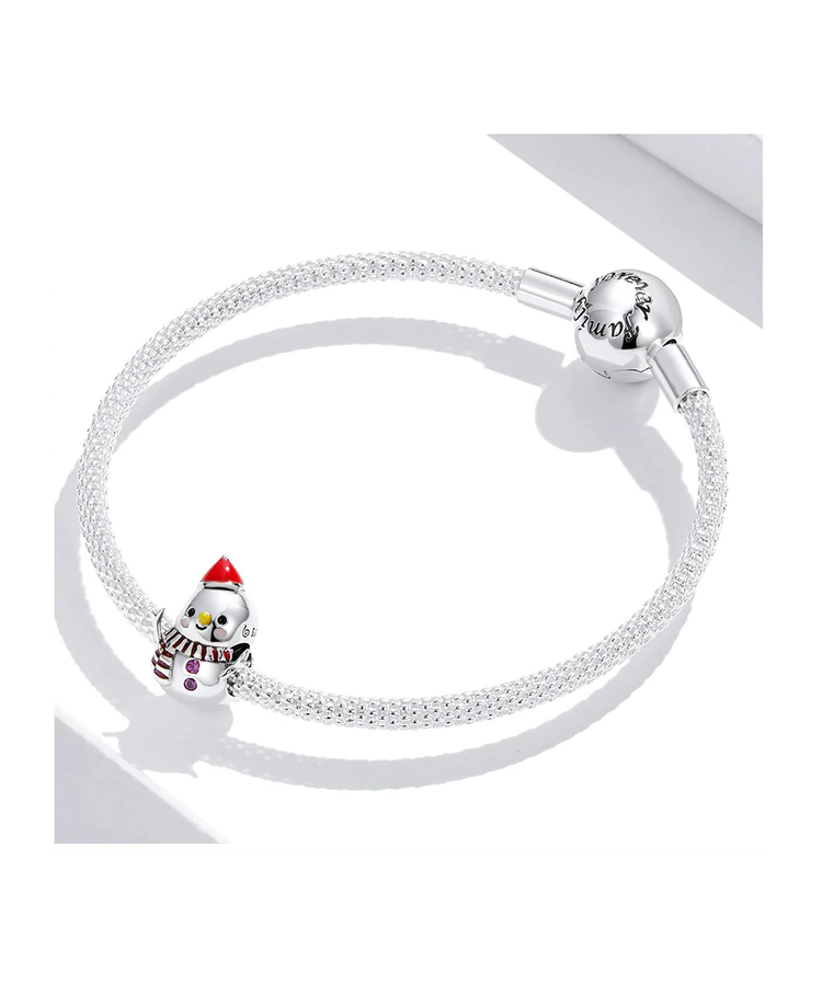 925 sterling silver snowman charm bead shown on a silver bracelet | Frosty by Asttery