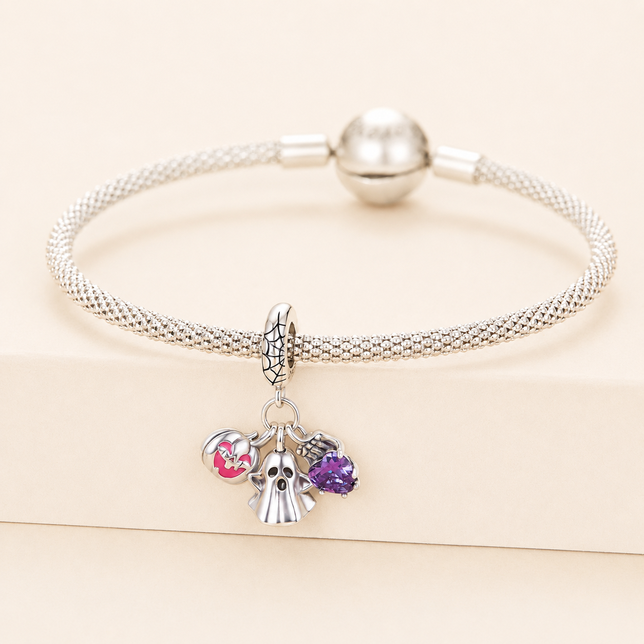 Halloween ghost charm in 925 sterling silver with purple heart and pink pumpkin | Asttery