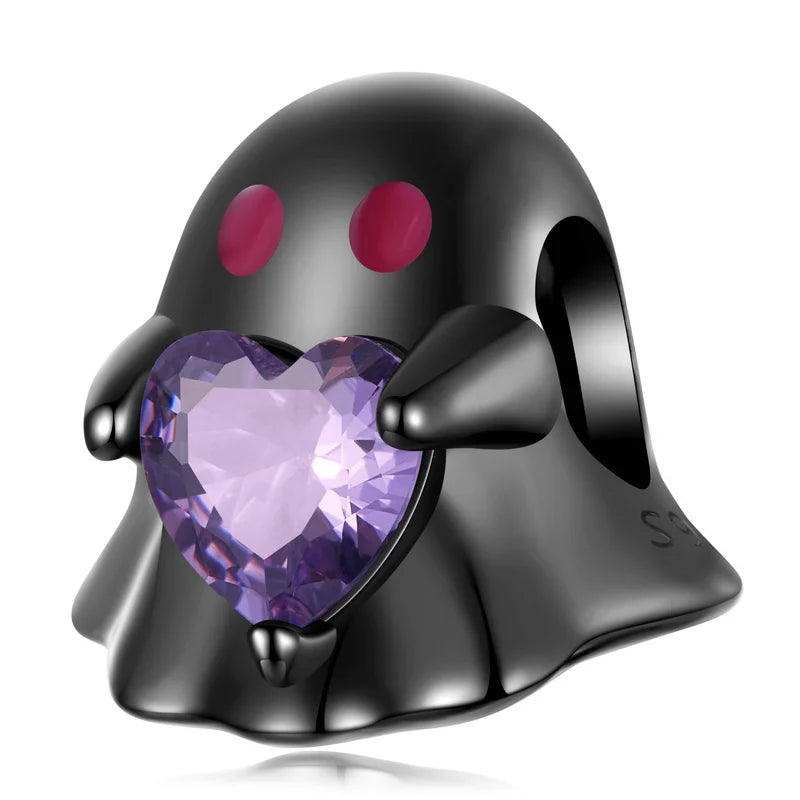 Black-plated ghost charm holding a purple heart | Asttery