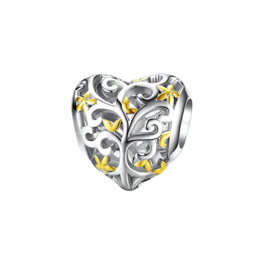Heart-shaped charm in 925 sterling silver with golden floral details | Asttery