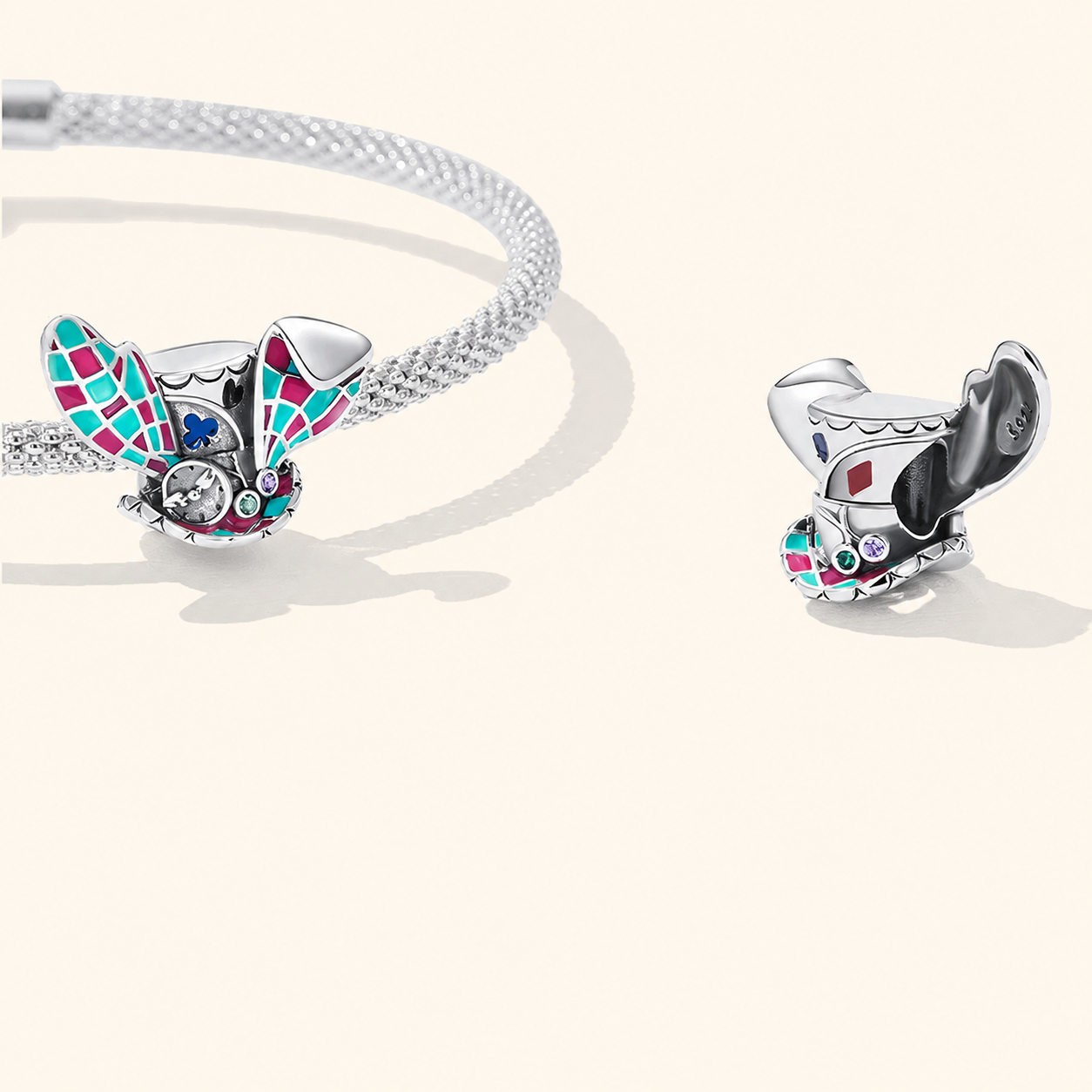 Front and back view of the sterling silver fantasy hat charm bead with multicolor accents and sparkling cubic zirconias| Asttery
