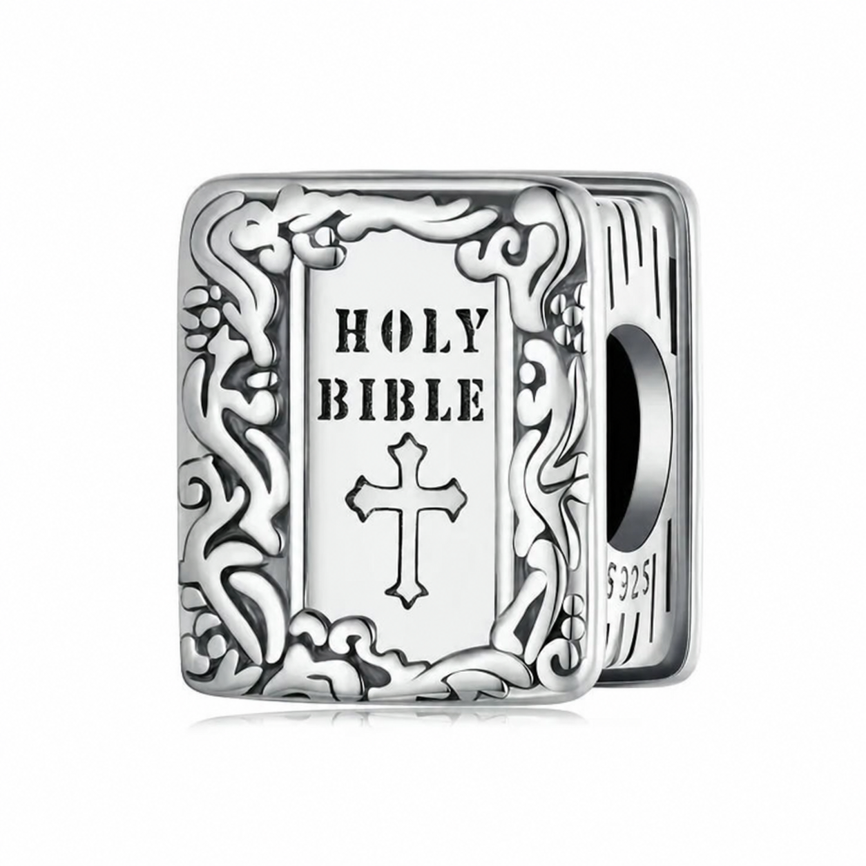 925 sterling silver Holy Bible charm bead with engraved cross and ornate frame | Asttery