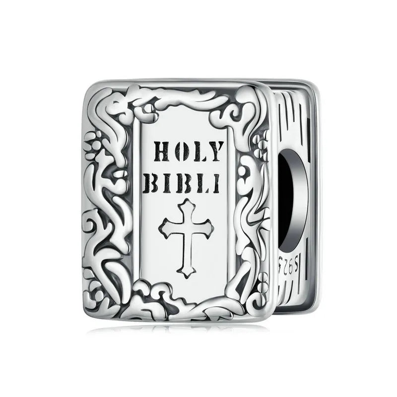 925 sterling silver Holy Bible charm bead with engraved cross and ornate frame | Asttery