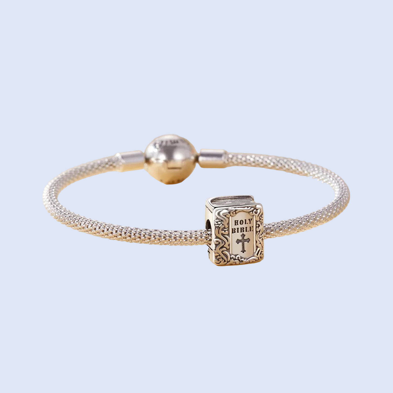 Side view of the Holy Bible charm bead showing detailed engravings and polished silver finish | Asttery