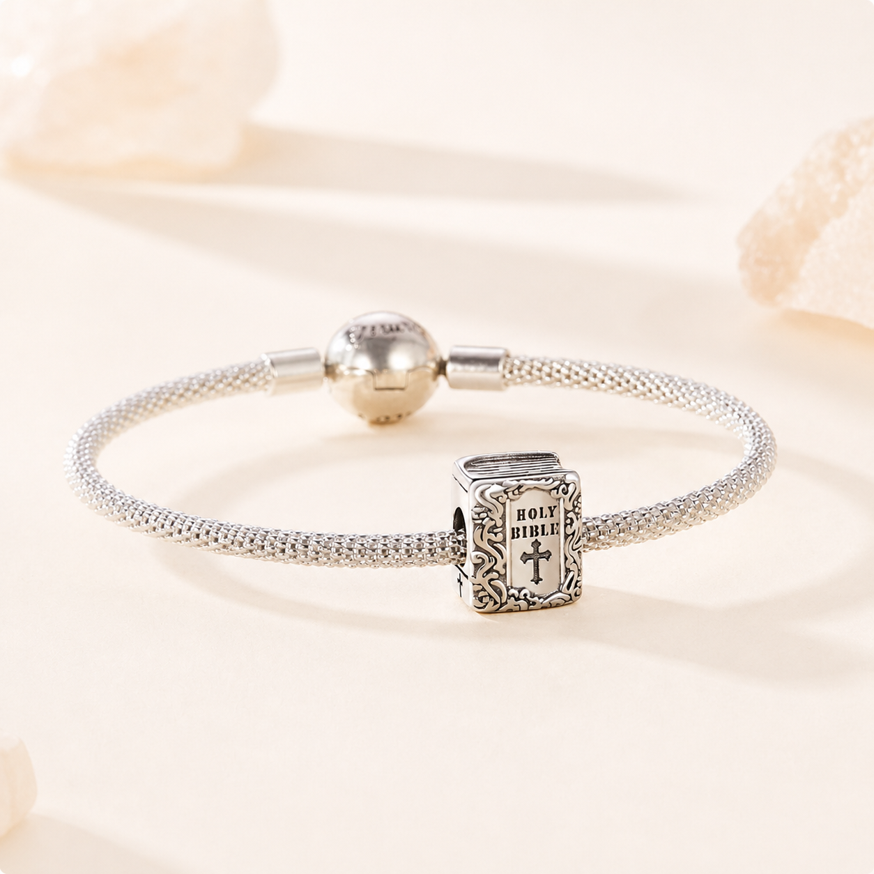 Side view of the Holy Bible charm bead showing detailed engravings and polished silver finish | Asttery