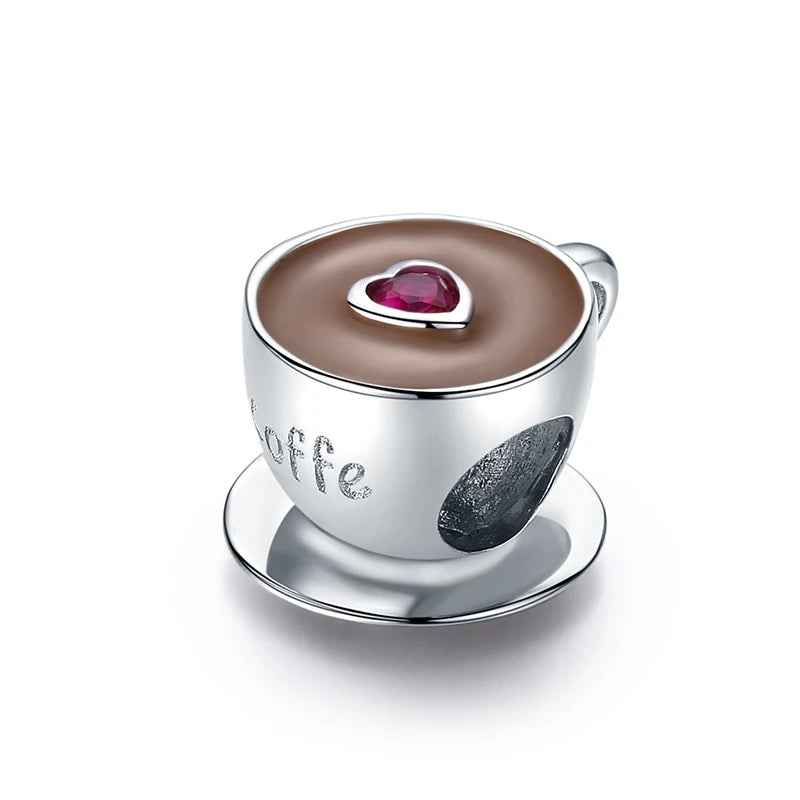 925 sterling silver coffee charm with brown enamel and zirconia heart | Asttery