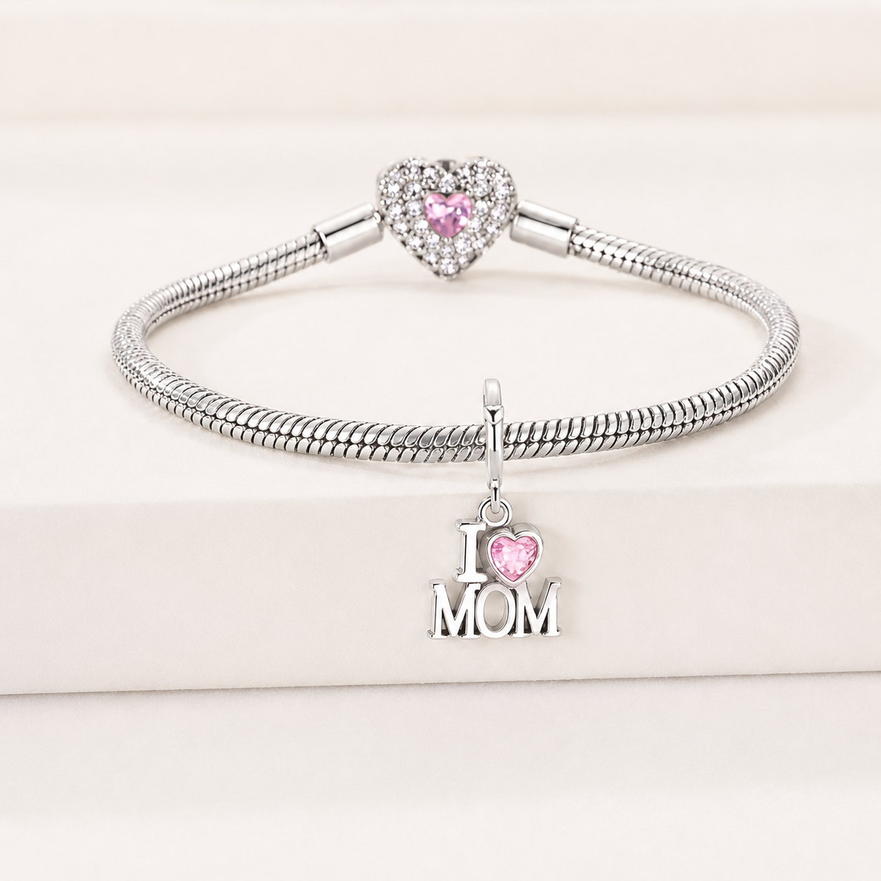 925 silver I love Mom charm with heart-shaped pink stone | Asttery
