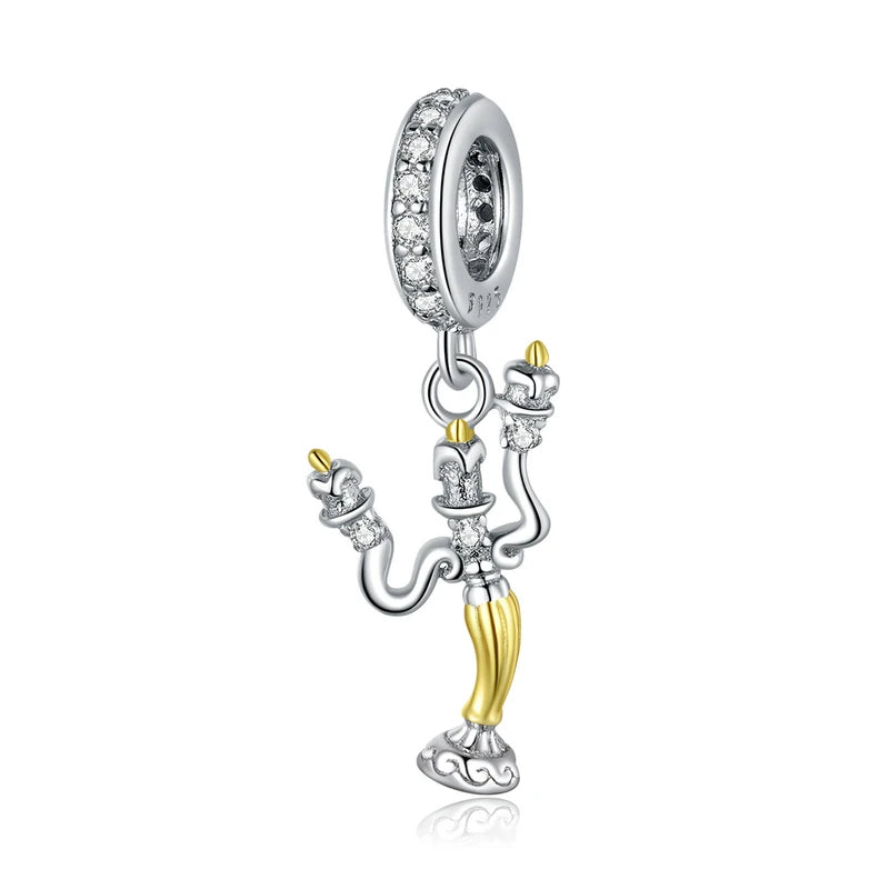Sterling silver charm Illunor in the shape of a candelabra with golden details and cubic zirconia accents |Asttery