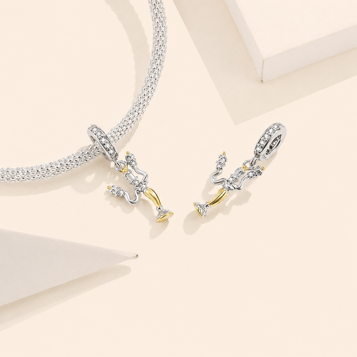 Front and side view of the sterling silver candelabra dangle charm | Asttery