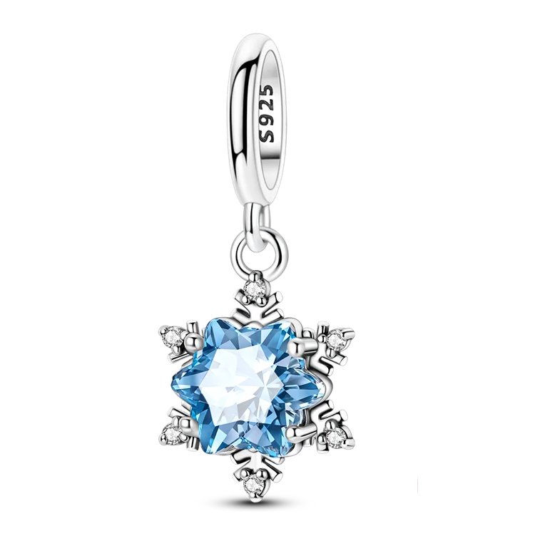 925 sterling silver winter star dangle charm with faceted blue glass and clear zirconia in a snowflake design | Asttery