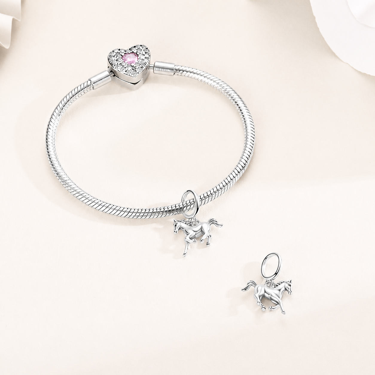 925 Silver Kairun horse charm styled on a silver bracelet | Asttery