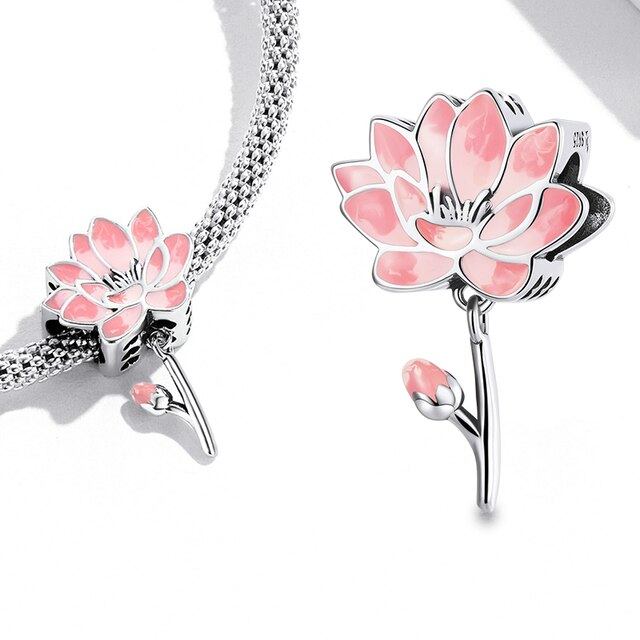 Hanging floral charm with silver stem and pink lotus petals | Asttery