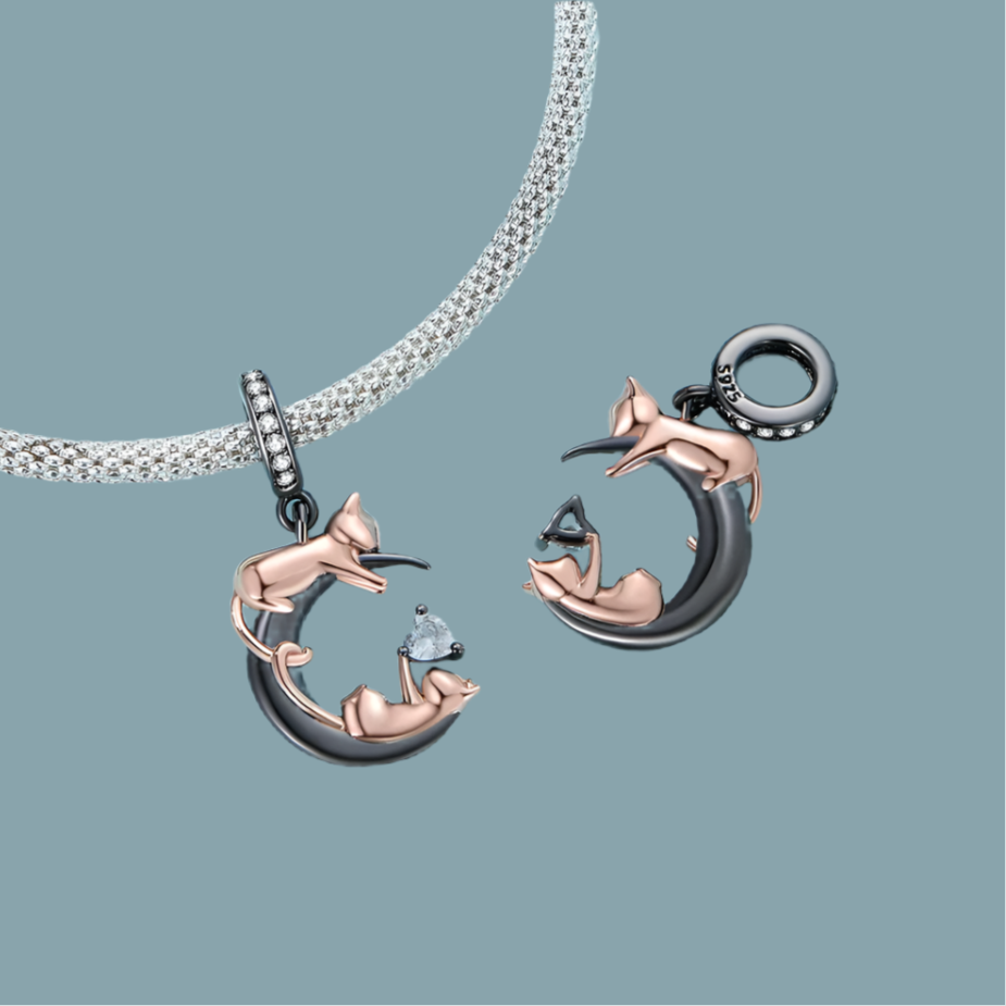 Sterling silver moon charm with rose gold cats and sparkling zirconia centerpiece |Asttery