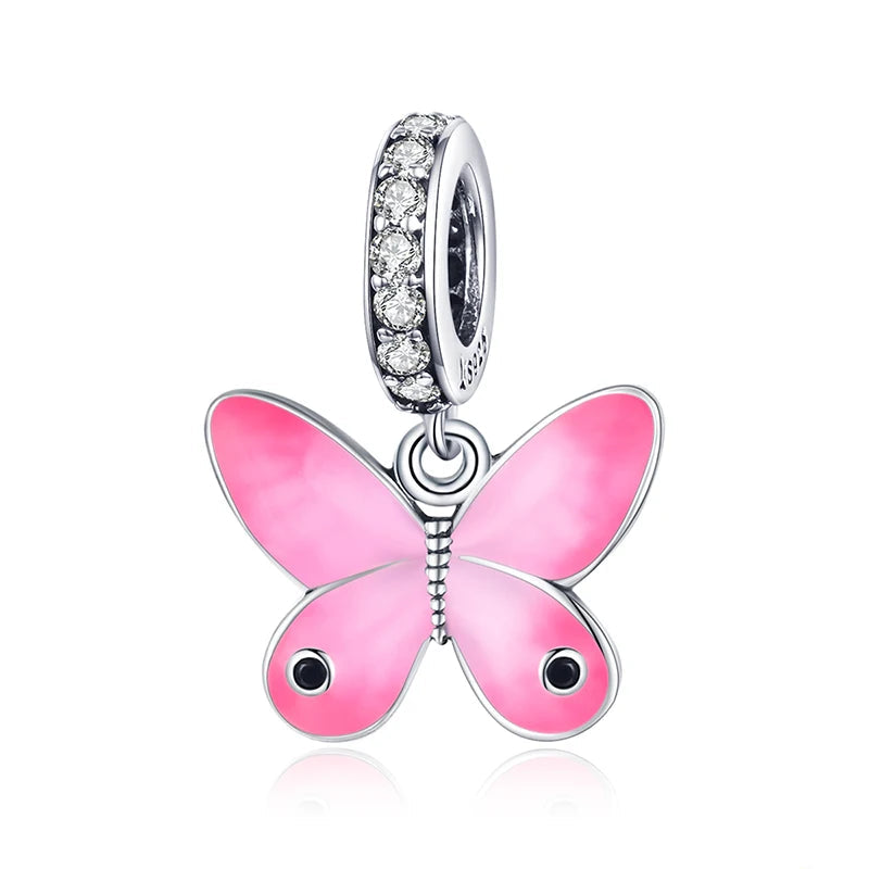 Lyselle pink butterfly charm in 925 sterling silver with detailed enamel wings and sparkling zirconia, Asttery