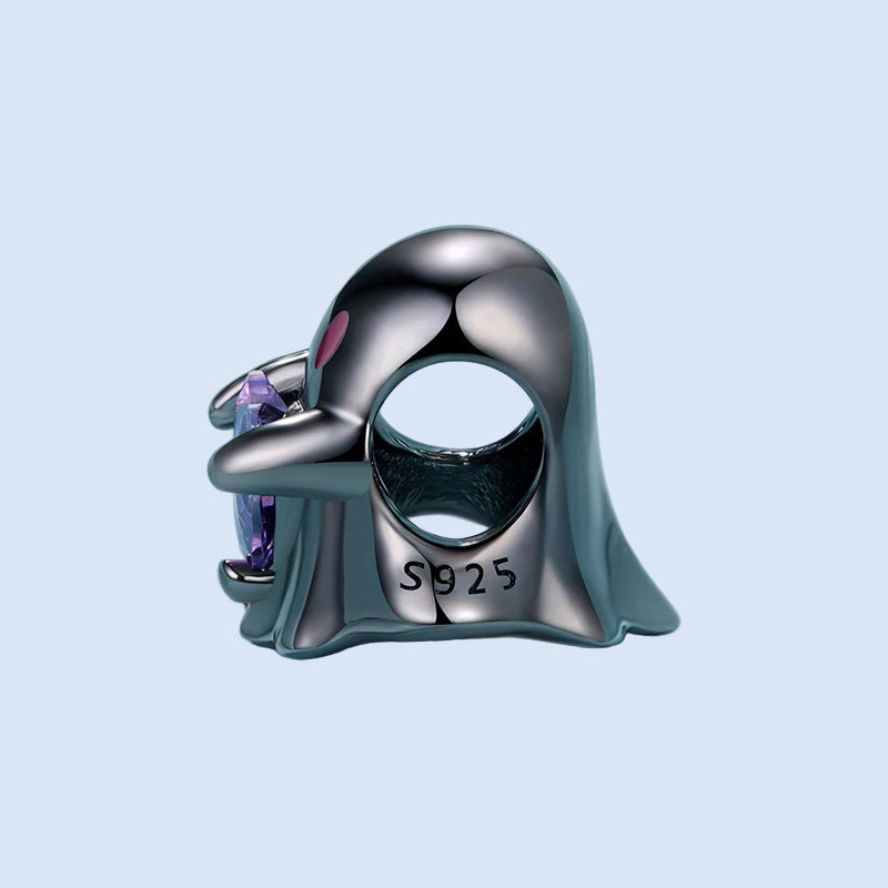 Maviel, silver ghost with pink enamel eyes and amethyst heart | Asttery