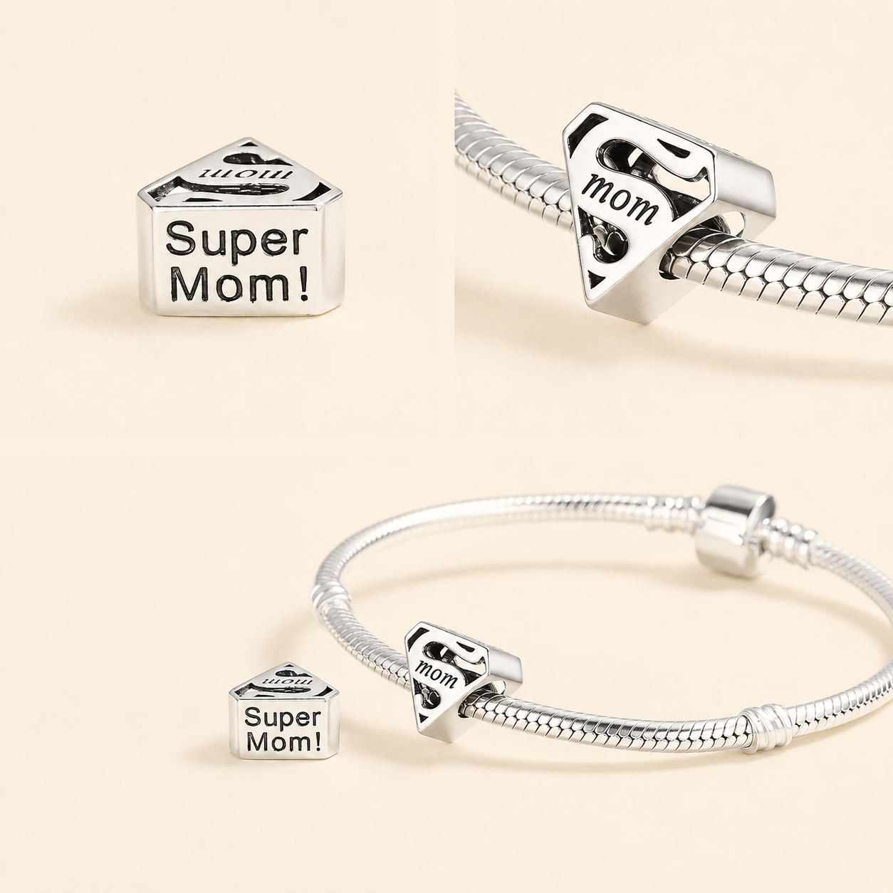925 sterling silver Super Mom emblem charm bead with engraved ‘mom’ design | Asttery