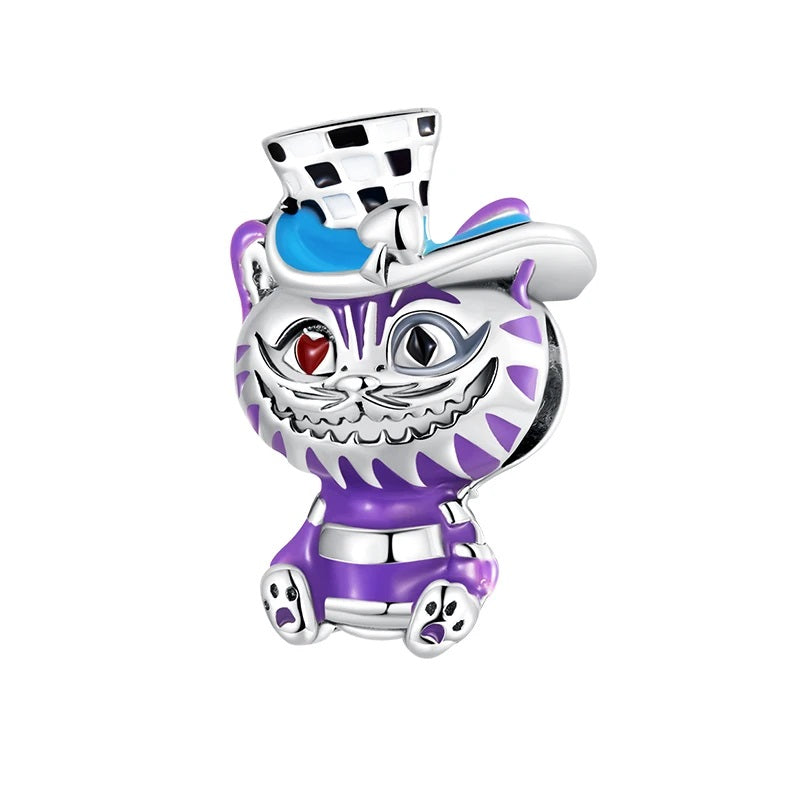 925 sterling silver purple striped cat charm bead with checkerboard hat | Mavrek by Asttery