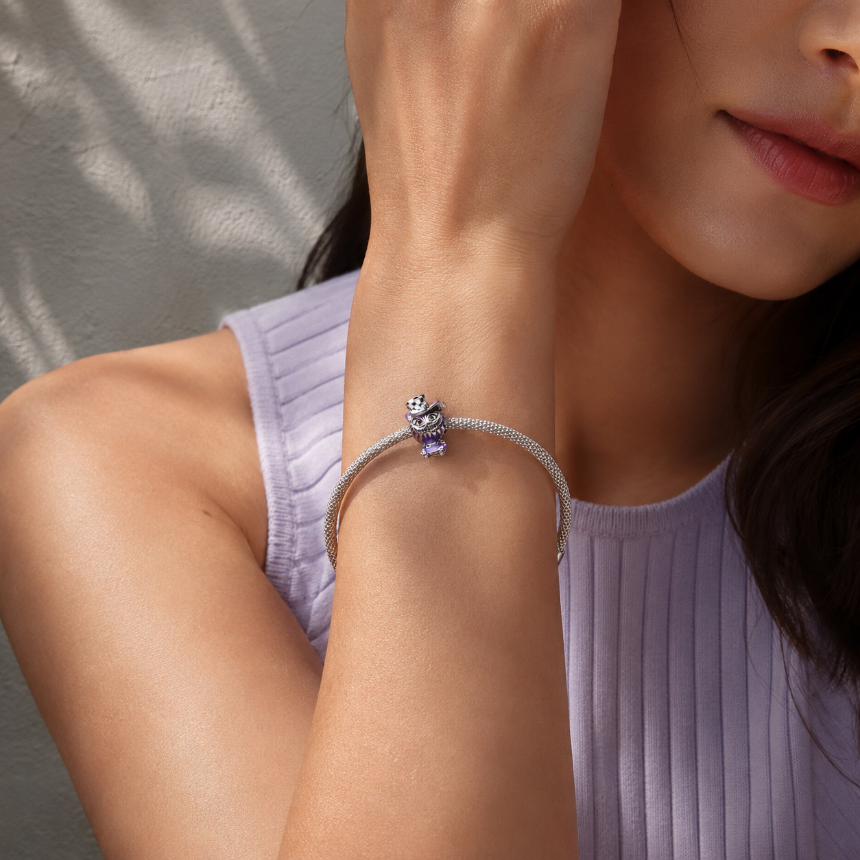 925 sterling silver purple striped cat charm bead with checkerboard hat | Mavrek by Asttery