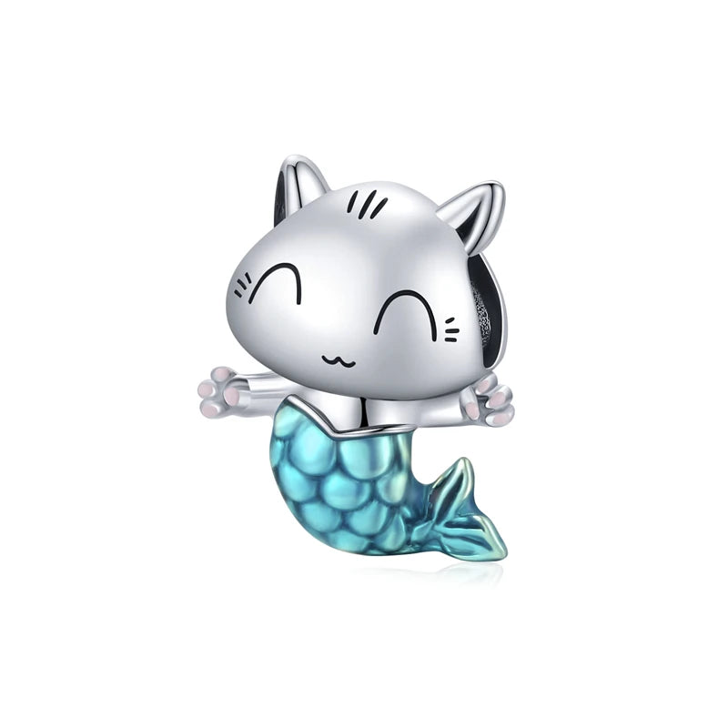 Aquelyn mermaid cat charm in sterling silver with glossy blue enamel | Asttery