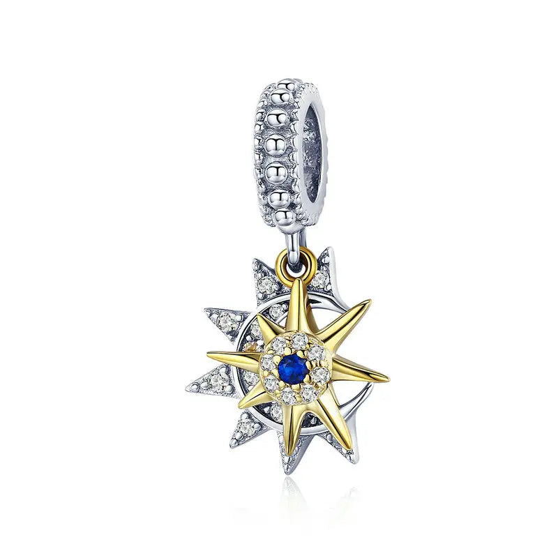 Solares sun and moon charm in 925 sterling silver with golden detailing and zirconia,  Asttery