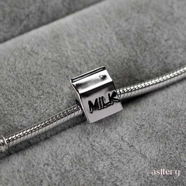 Sterling silver milk box charm with “MILK” engraving and cute enamel cow | Asttery