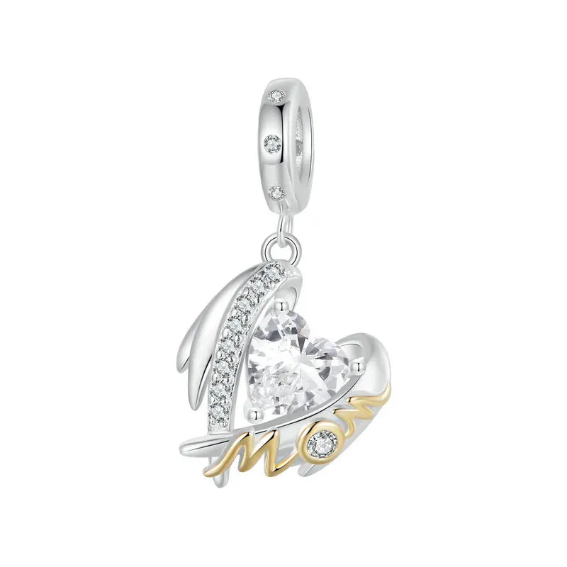 sterling silver charm with pavé stones heart crystal and mom script | Asttery